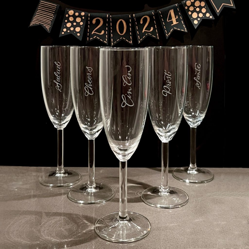 Handgravierte Sektgläser hand engraved champagne glasses Sektflöten 