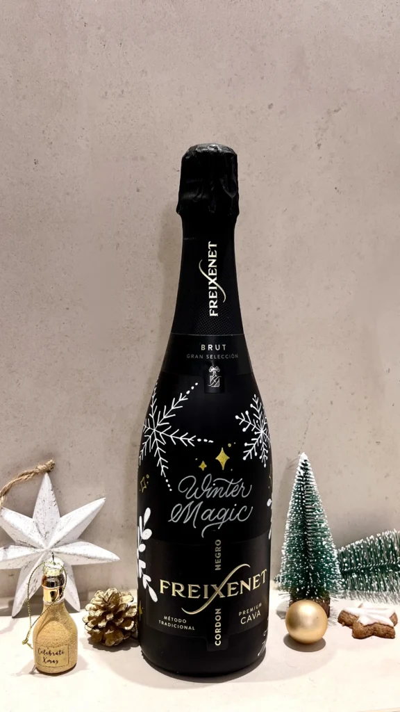 Handbemalte Flasche mit Schneesternen und Handlettering